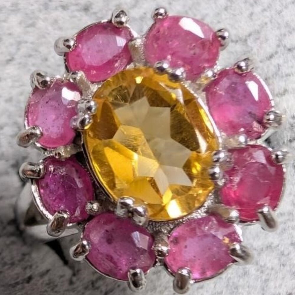 Sterling Silver 5.48g Citrine and Ruby 4.7ct Ring Size 7